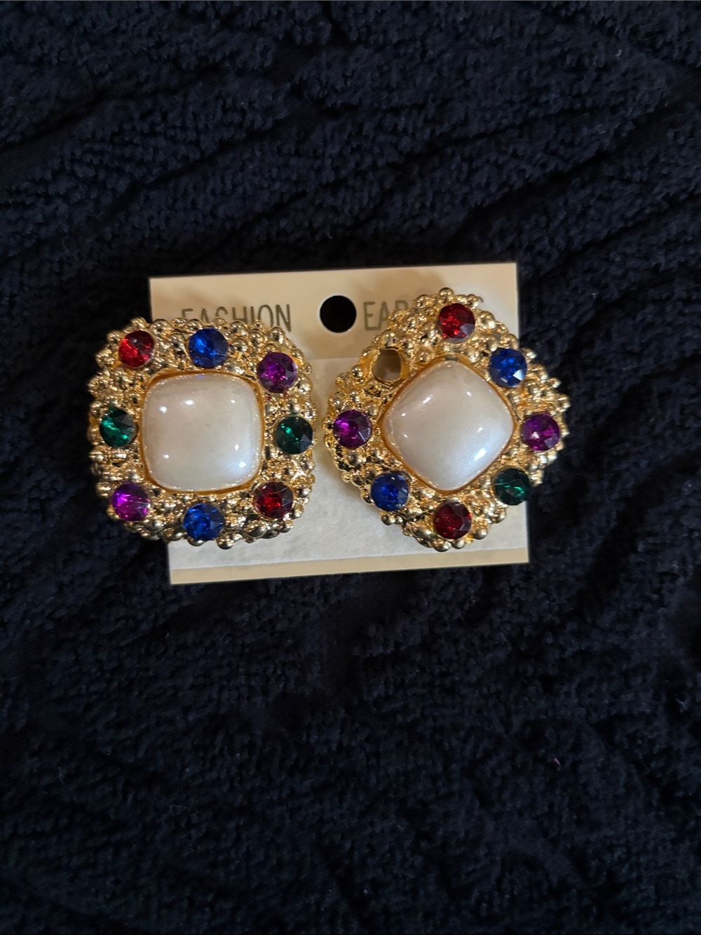 Fashion Gold-Tone Multicolor Crystal Clip Earrings with Pearl Center
